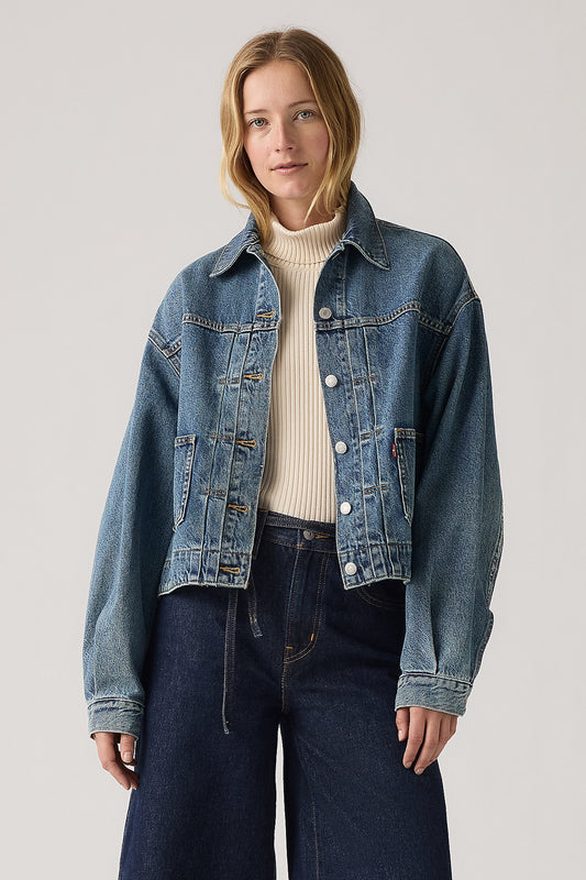 Balloon Sleeve Trucker Jacket Missed My Flight No Tie