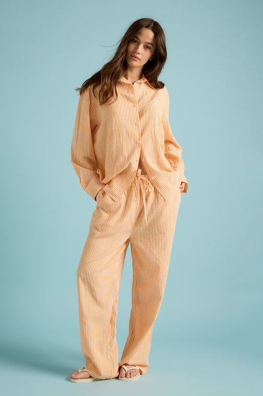 Seersucker Stripe Full Length PJ Set Orange/Cream