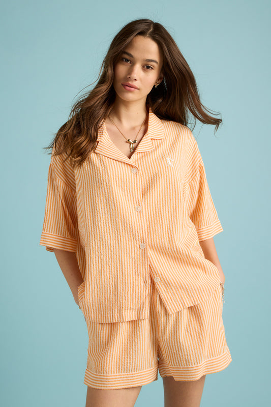 Seersucker Stripe Boxer PJ Set Orange/Cream