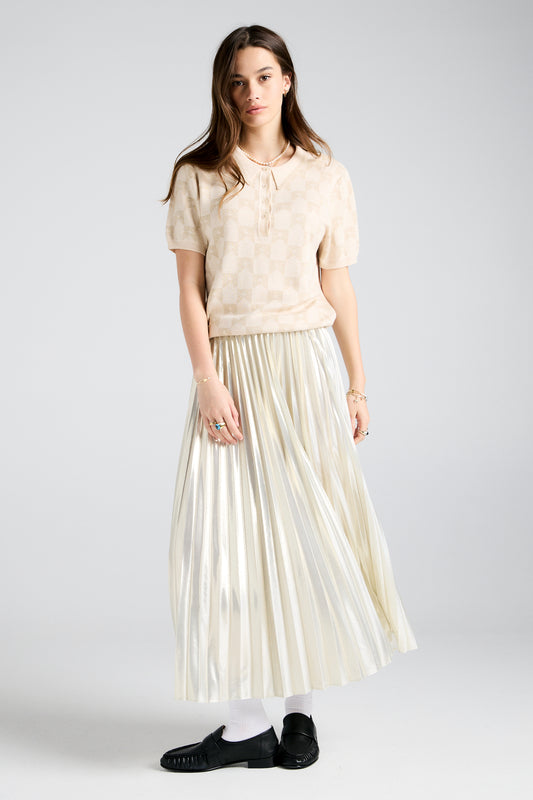 Metallic Sunray Pleated Skirt Cream