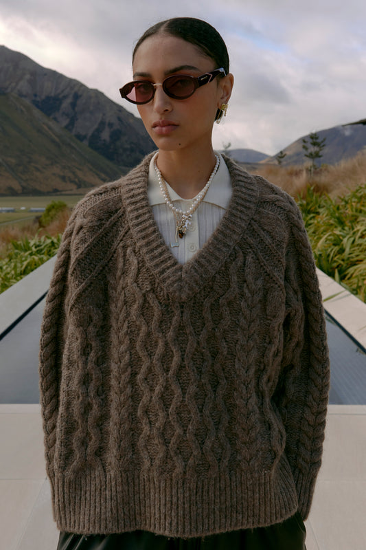 Cable Knit V Neck Sweater Walnut