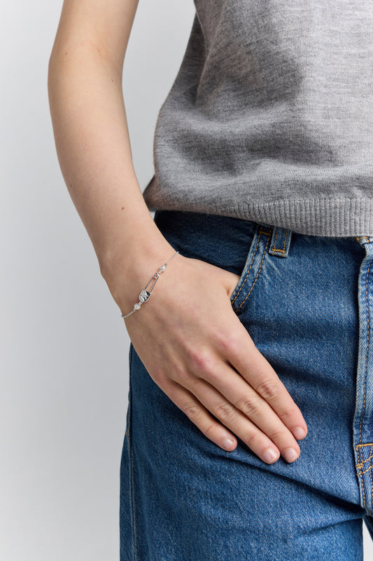 Runaway Safety Pin Bracelet with 2 x 4mm Freshwater Pearls Silver