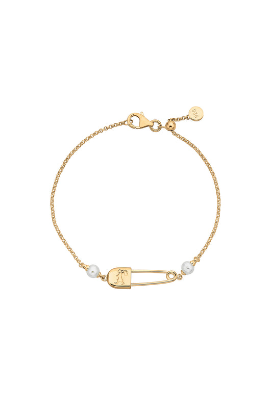 Runaway Safety Pin Bracelet with 2 x 4mm Freshwater Pearls Gold-Plated