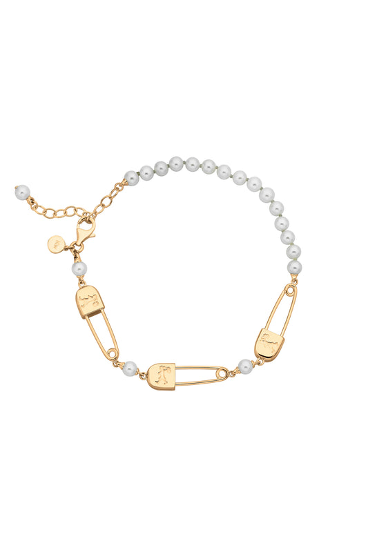 Runaway Safety Pin & Pearls Bracelet with Freshwater Pearls Gold
