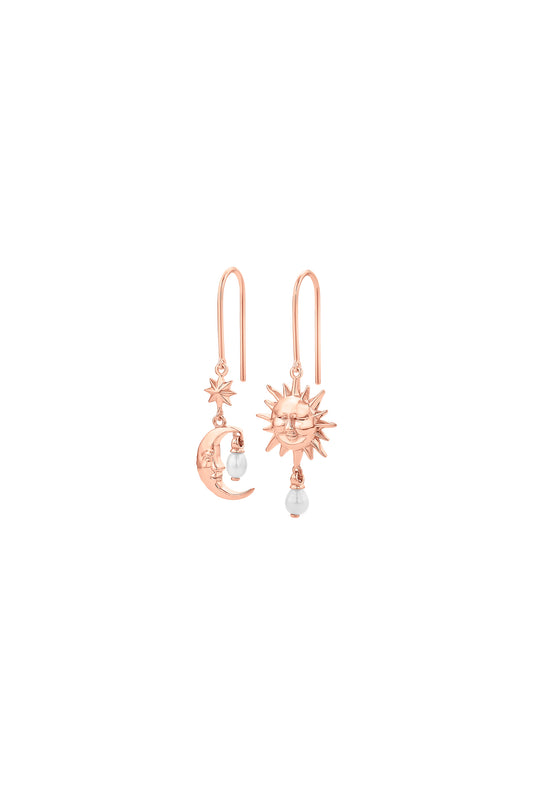 Sun & Moon Earrings with 2 x 5mm Teardrop Freshwater Pearls Rose Gold