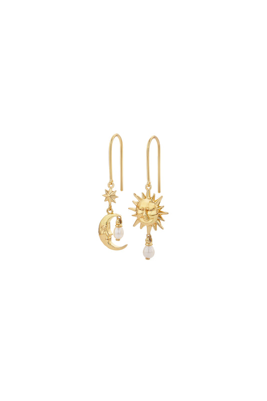 Sun & Moon Earrings with 2 x 5mm Teardrop Freshwater Pearls Gold-Plated